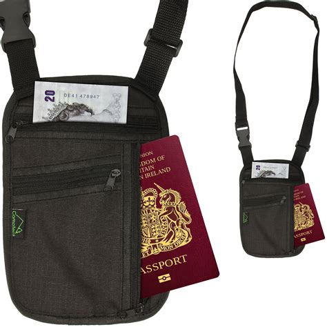 passport travel wallet over shoulder.